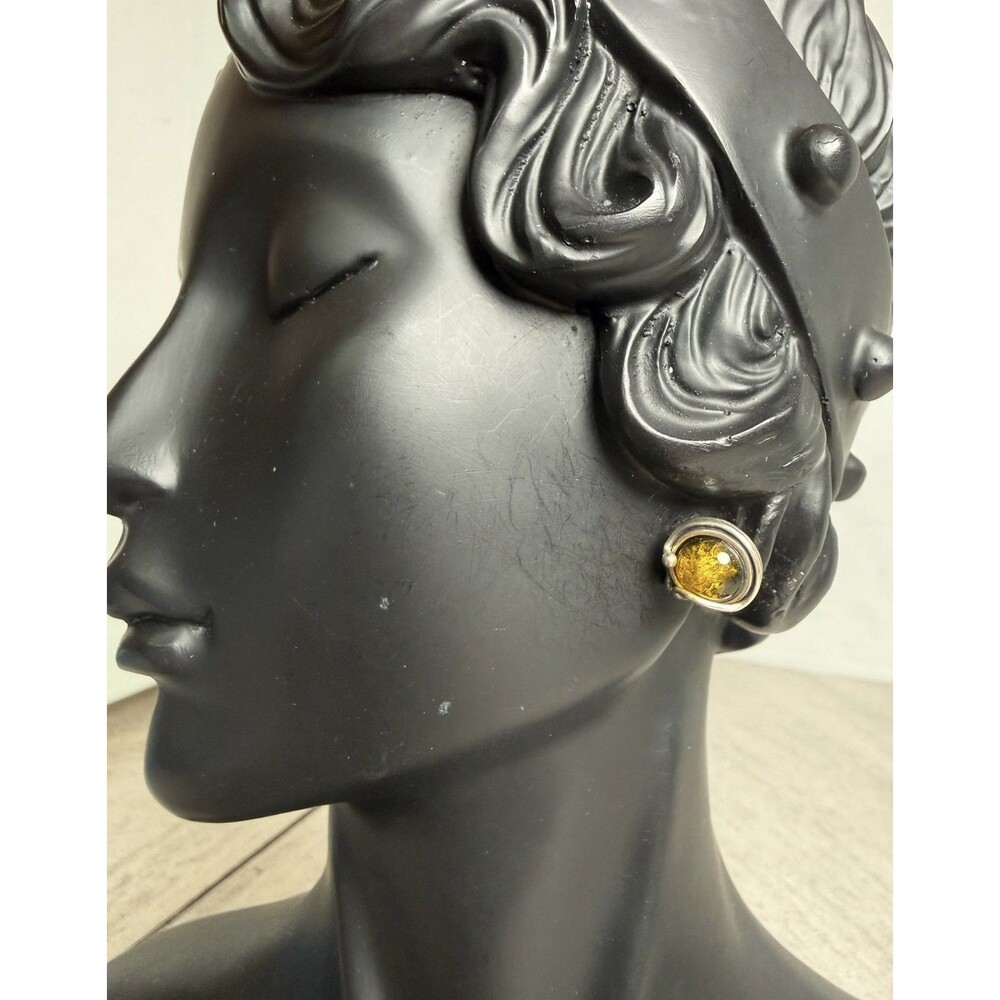 Vintage Poland Valerio 925 Sterling Silver Baltic Amber Modernist Stud Earrings